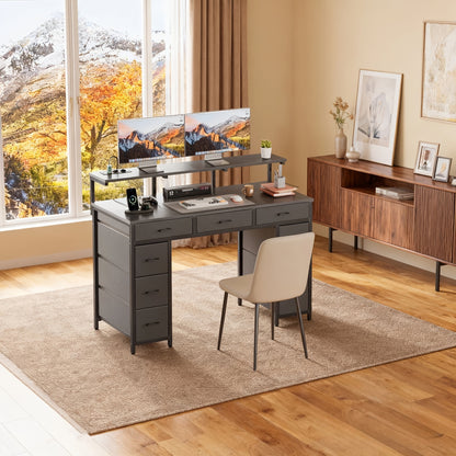 Modern Bureau – Werkplek Meubel – Computer Tafel – Gaming Desk – 8 Lades Opbergmeubel – Verstelbare Monitorstandaard – Ingebouwde EU Stroomvoorziening – Stevig MDF Werkblad 119 cm