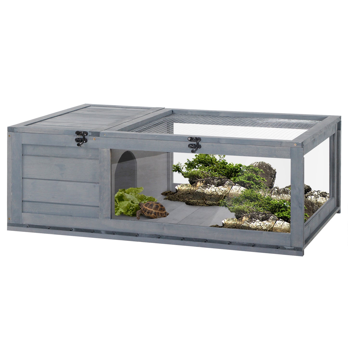 Huisjes Voor Schildpadden – Buitenren – Terrarium – Kooien – Klimhok – Hout Met Gaas – 2 Ruimtes – 91x60,5x32 Cm – Veilig & Ventilerend – Grijs