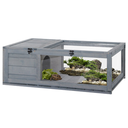 Huisjes Voor Schildpadden – Buitenren – Terrarium – Kooien – Klimhok – Hout Met Gaas – 2 Ruimtes – 91x60,5x32 Cm – Veilig & Ventilerend – Grijs