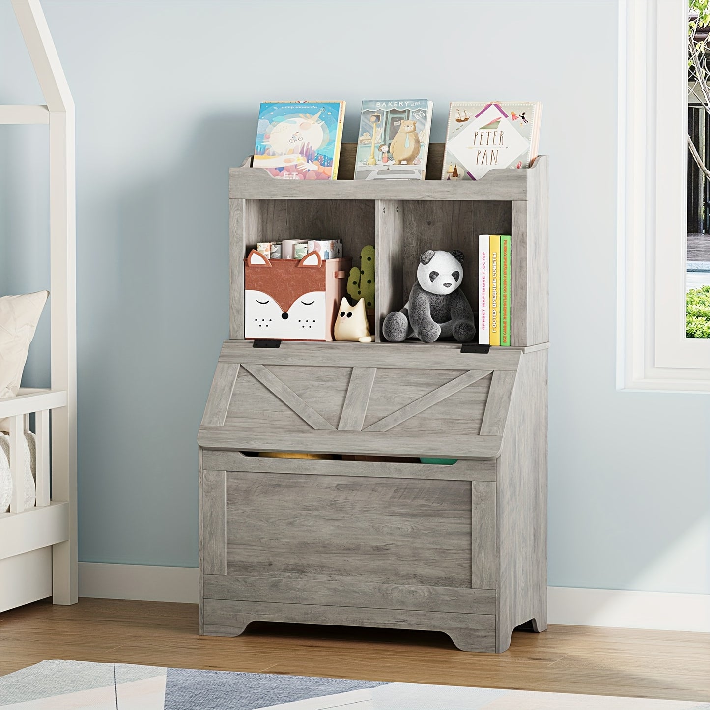 Boekenplank – Boekenrek – Wandplank – Opbergplank – Wandrek – Modern Grijs – 3 Vakken Met Flip-Top Deksel – Duurzaam MDF En Massief Hout