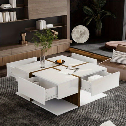 Salontafel – Koffietafel – Woonkamertafel – Bijzettafel – Tafeltje – Modern Hoogglans Wit – 4 Laden Opbergruimte – 78x78x34,8 cm – Duurzaam Stijlvol Design