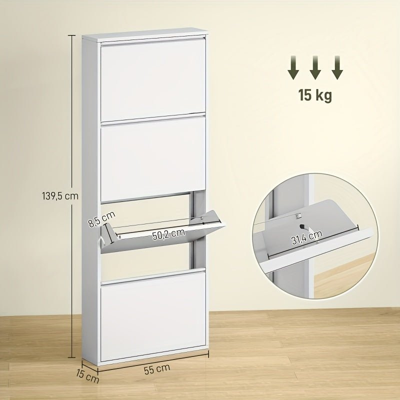 Narrow Metal Schoenkast – Smalle Schoenenkast – Wandgemonteerde Schoenenrek – Schoenopberger – Schoenenschap – Wit – Ruimtebesparend – 4 Kleppen Voor 8 Paar – 55x15x139,5 cm