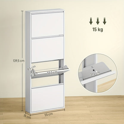 Narrow Metal Schoenkast – Smalle Schoenenkast – Wandgemonteerde Schoenenrek – Schoenopberger – Schoenenschap – Wit – Ruimtebesparend – 4 Kleppen Voor 8 Paar – 55x15x139,5 cm