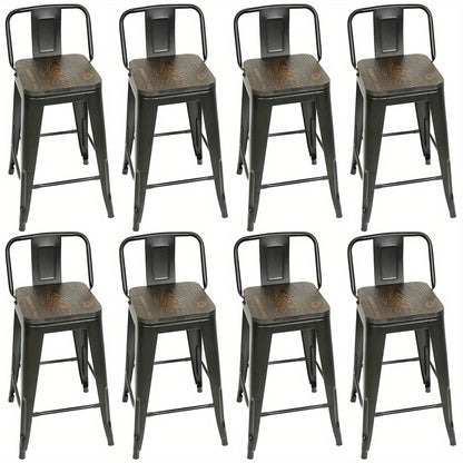 Barkrukken – Barkruk – Barstoelen – Krukken – Hoge Stoelen – Set Van 8 Industriële Barkrukken Met Houten Zitting En Rugleuning – Stevig Metalen Frame – Verwijderbare Zitvlak En Rugleuning