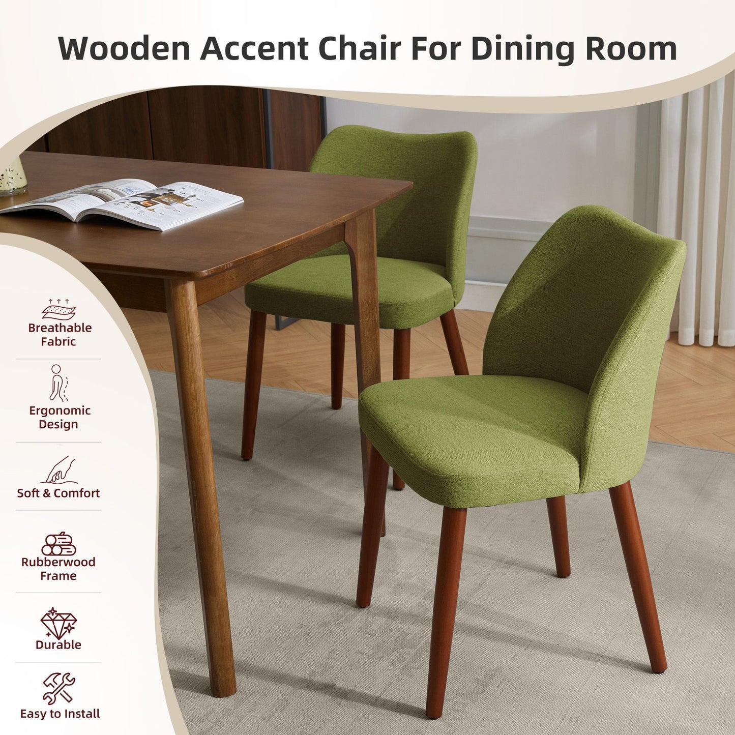 Eetkamerstoelen – Stoelen – Zithoeken – Dining Chairs – Armstoelen – Linnen Bekleding – Dikke Kussens – Houten Poten Met Verstelbare Voeten – Set Van 2 Groen