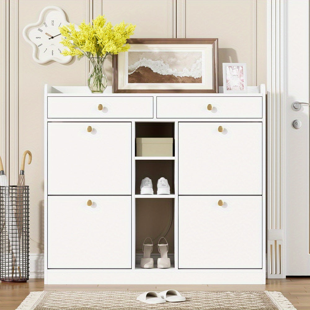 Schoenkast met 4 Openslaande Deuren & 2 Laden – 110 × 26 × 100 cm – Modern Opbergmeubel voor Hal, Woonkamer of Gang