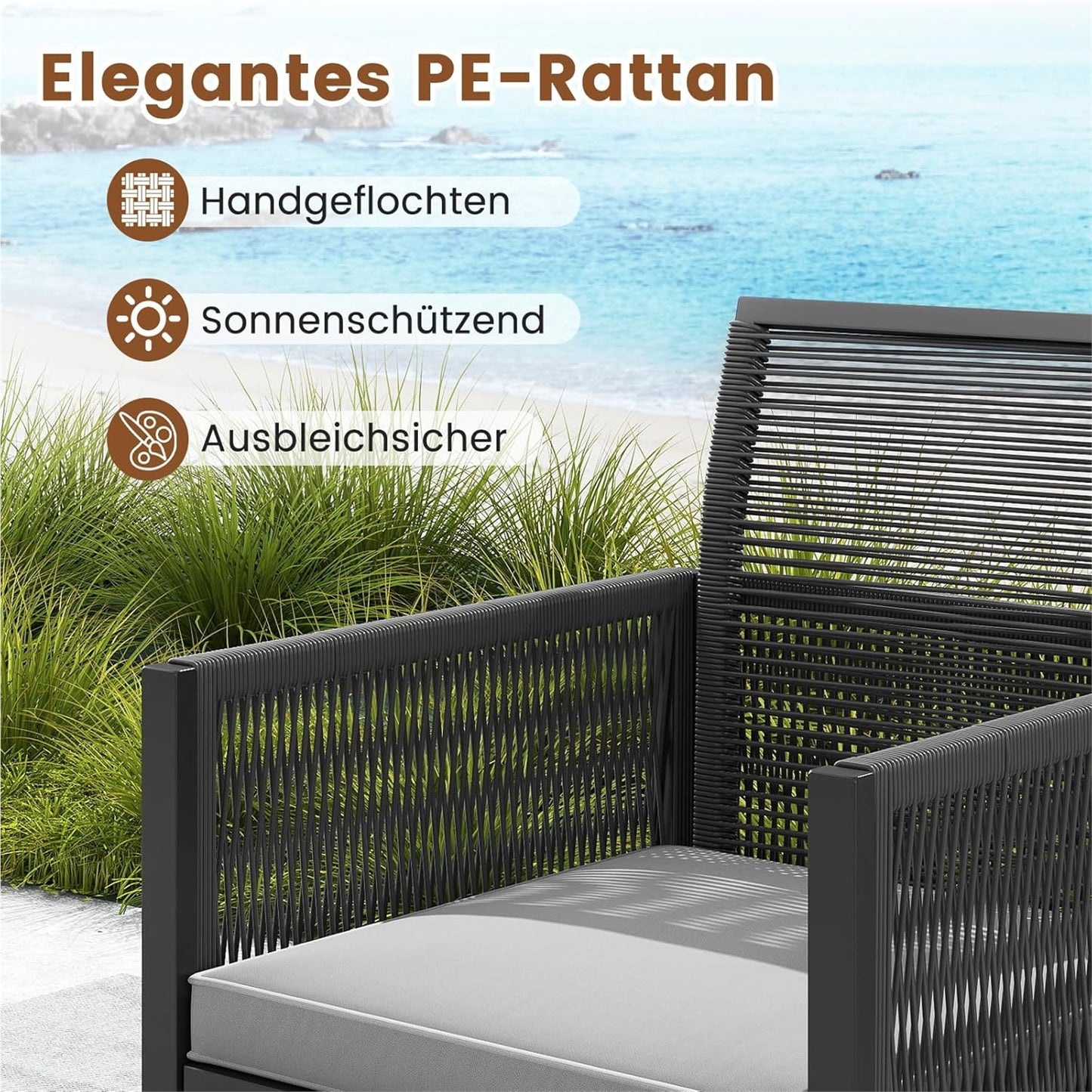 Tuinset – Loungeset – Balkonset – Zitgroep – Bistroset – 5-delig rattan met kussens – Opbergbare voetensteun en inklapbare rugleuning