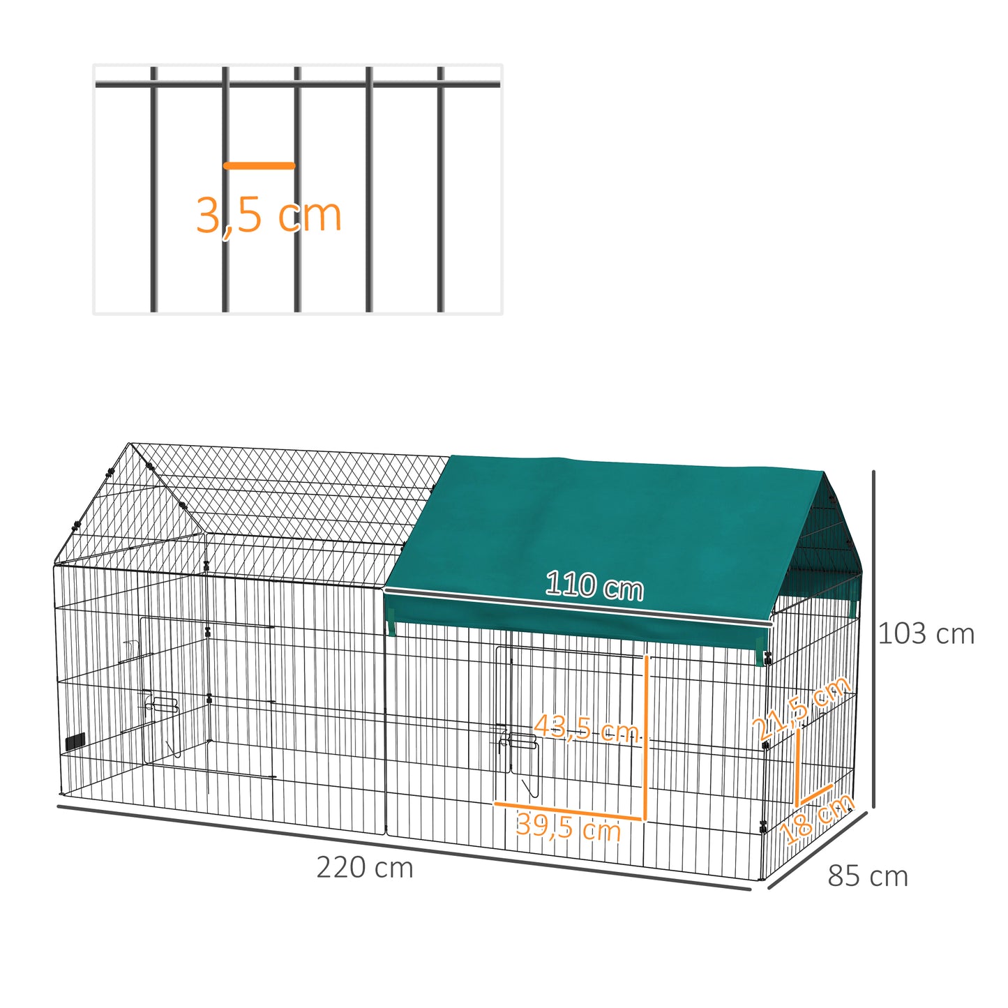 Konijnenren – Dierenren – Knaagdierenren – Buitenren – Binnenren – Modulaire Stalen Ren – Met Afdekking – 220x85x103 cm – Groen
