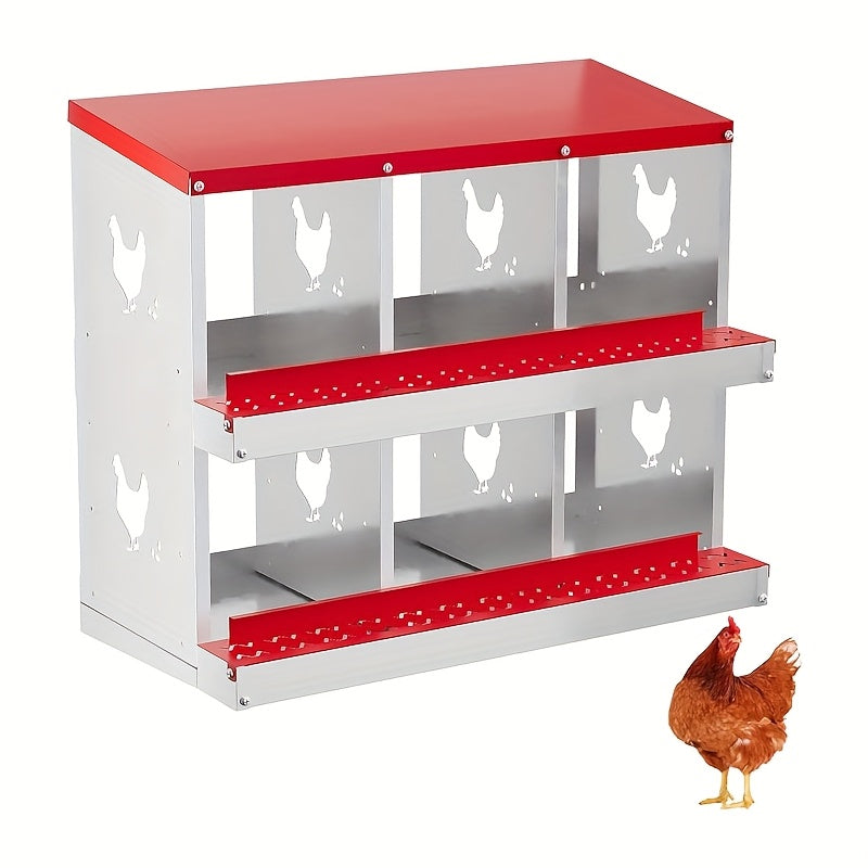 Metal Chicken Nesting Box with Roll-Out Egg Collection, Perch & Vented Holes - Wall-Mountable or Floor-Standing Heavy-Duty Laying Box with Red Roof & Body, Ventilation System, Easy-Clean Design for Indoor/Outdoor Use, Fits Al