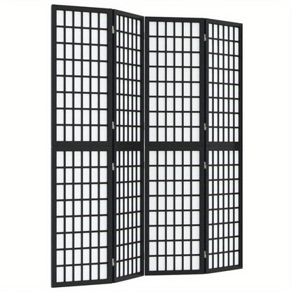 Elegant 4-Panel Foldable Wooden Room Divider, Japanese Style, Black with White Grid Pattern, 160.02cm x 170.18cm - Ideal for Modern Home & Office Decor, Preppy Room Decor