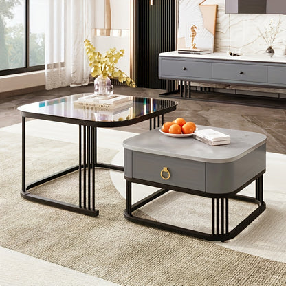 Expandable Modern Coffee Table with Marble-Look Glass Top & Black Metal Legs - Contemporary Minimalist Design, Hidden Storage Drawers, Space-Saving Expandable Center Table for Living Room, Durable Easy-Clean Surface, Assembly