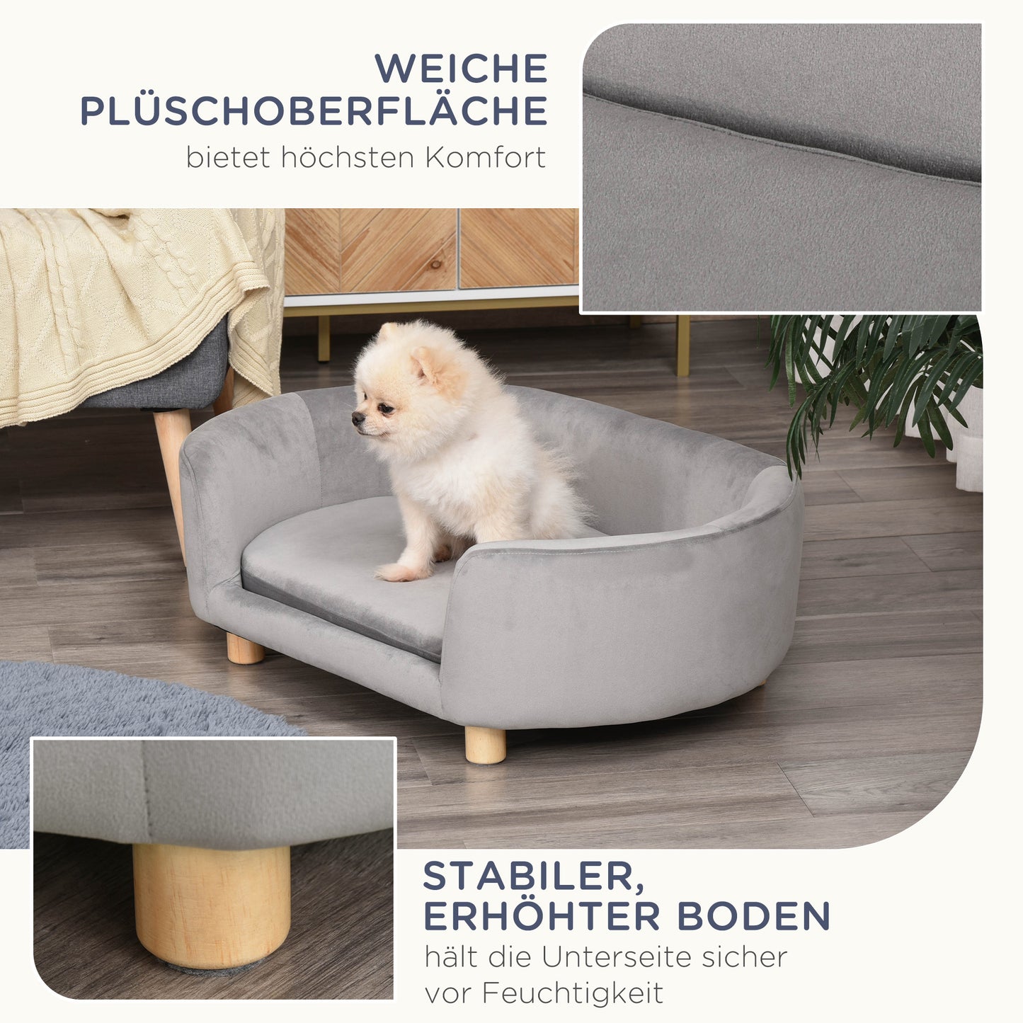 Hondenmand – Dierenbank – Hondenbed – Hondenkussen – Kattenmand – Dutch Velvet Bekleding – Verhoogd Met Berkenhouten Poten – Lichtgrijs – 86x55x33 cm – Comfortabele Foamvulling