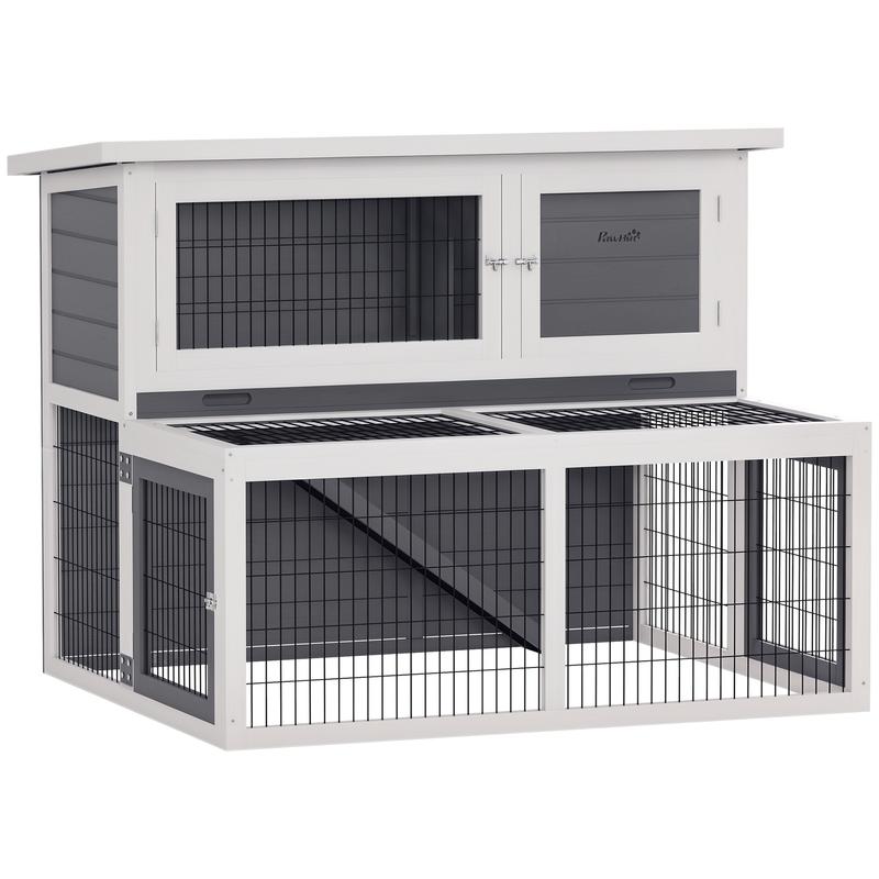 Konijnenhok – Knaagdierverblijf – Cavia Ren – Bunny Cage – Kleine Huisdierkooi – 2-laags Houten Ren – Inklapbaar Dak – Winterbestendig Design – 122x95x93,5 cm