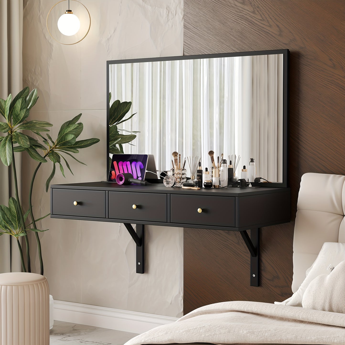 Make-uptafel – Make-uptafel – Kaptafel – Dressoir – Make-up Bureau – Zwart Hangend Model – 3 Lades & Bekerhouder – Ruimtebesparend Design – Zonder Elektriciteit – Duurzaam Glas