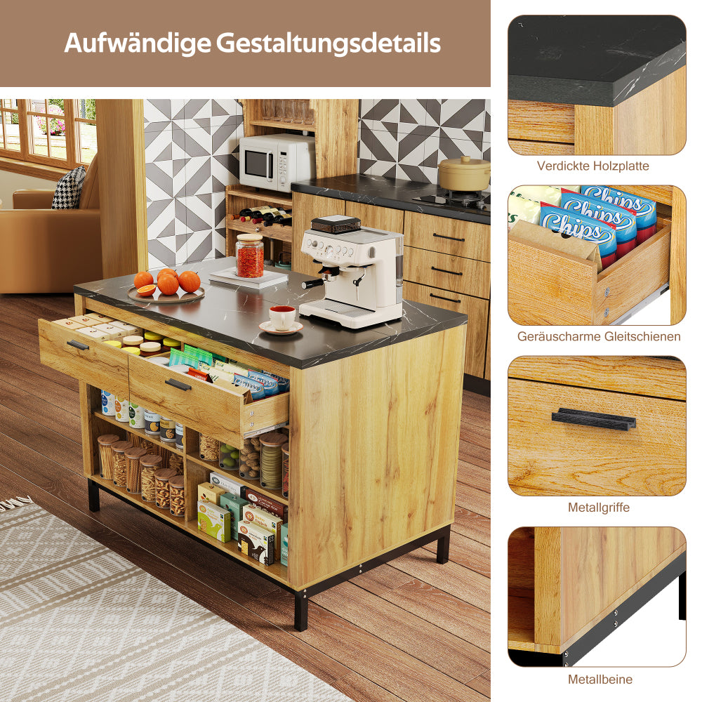 120×75×90cm, Country-Style Kitchen Island with 2 Drawers and 4 Open Shelves, Oak Grain Finish, Black Marble Countertop, Metal Frame, Kitchen Island With Seating, Kitchen Shelf Organizers And Storage, Island Table For Kitche