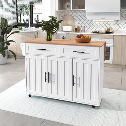 Modern White Mobile Kitchen Island with Folding-Top & Storage Cabinet, 2 Drawers & 4-Tier Shelving - 5-Wheeled Multi-Functional Furniture with Black Legs, Space-Saving Design for Small Kitchens & Dining Rooms, Easy Assembly,