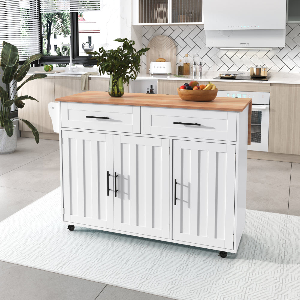 Modern White Mobile Kitchen Island with Folding-Top & Storage Cabinet, 2 Drawers & 4-Tier Shelving - 5-Wheeled Multi-Functional Furniture with Black Legs, Space-Saving Design for Small Kitchens & Dining Rooms, Easy Assembly,