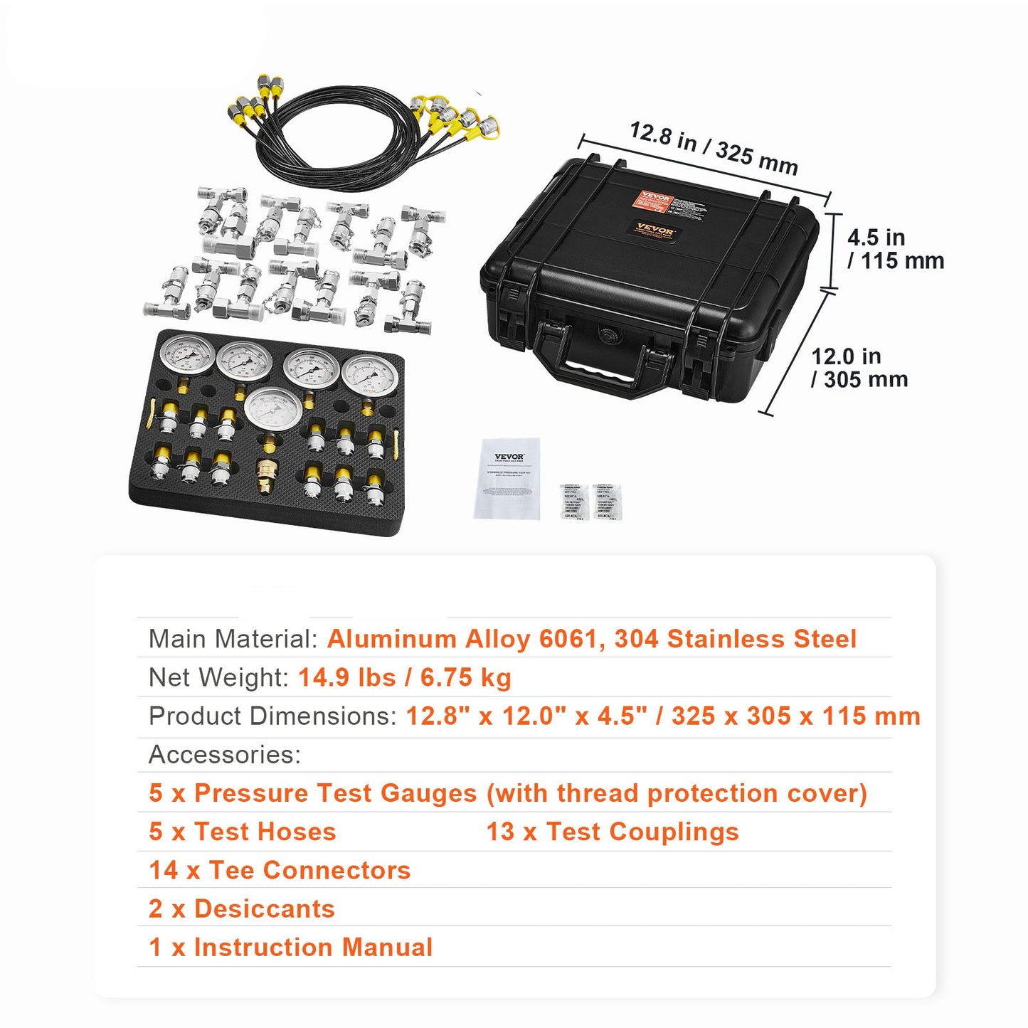 Hydraulische Druktang – Hydrauliek Meter – Drukmeter Set – Druktest Kit – Hydraulische Pressure Gauge – 5 Manometers 0-600 Bar – Roestvrij Stalen Meetinstrumenten – 13 Koppelingen Met 5 Testslangen