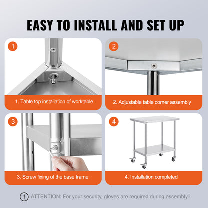 VEVOR Stainless Steel Work Table Commercial Prep Table 24x36 Inch With 4 Casters