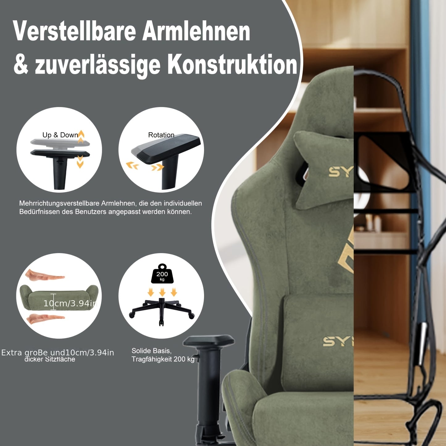 Ergonomische Gamingstoel – Bureaustoel – Gamer Stoel – Draaistoel – Comfortstoel – Met Verstelbare Rugleuning & Geheugenfoam Zitkussen – Stevig Metalen Frame – Groen