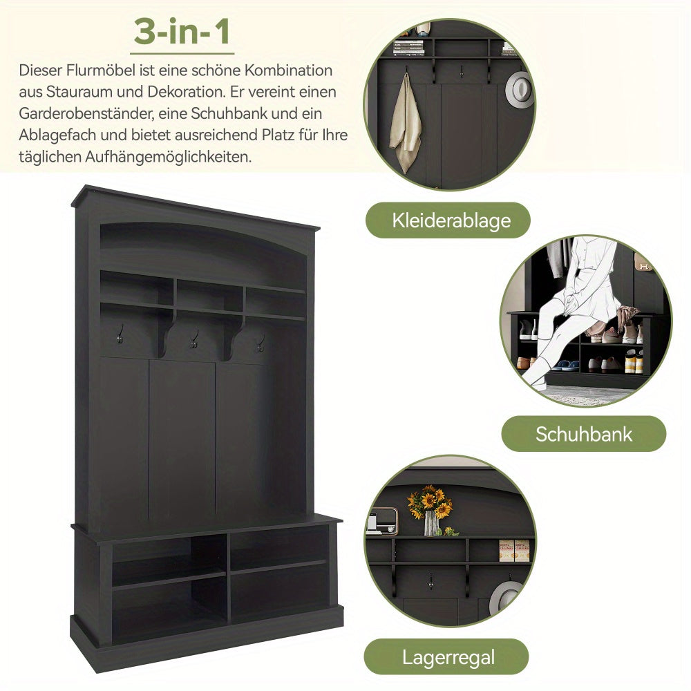 Halbank – Halmeubel – Kapstokbank – Schoenenbank – Entreebank – Zwart-Wit – Duurzaam MDF Materiaal – Compact Formaat (H190xB120xD40 cm)