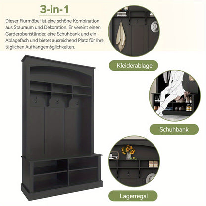 Halbank – Halmeubel – Kapstokbank – Schoenenbank – Entreebank – Zwart-Wit – Duurzaam MDF Materiaal – Compact Formaat (H190xB120xD40 cm)