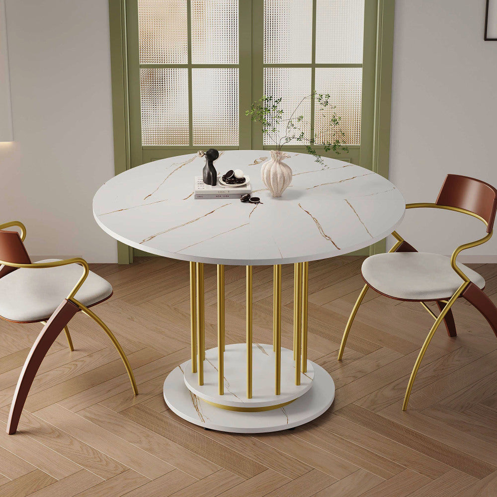Ronde Eettafel – Eetkamertafel – Keukentafel – Tafel – Woonkamertafel – Wit Marmerlook Blad – Gouden Metalen Poten – Compact & Ruimtebesparend – Krasbestendig & Stevig