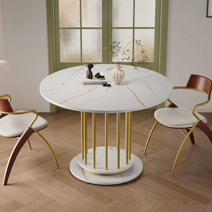 Ronde Eettafel – Eetkamertafel – Keukentafel – Tafel – Woonkamertafel – Wit Marmerlook Blad – Gouden Metalen Poten – Compact & Ruimtebesparend – Krasbestendig & Stevig