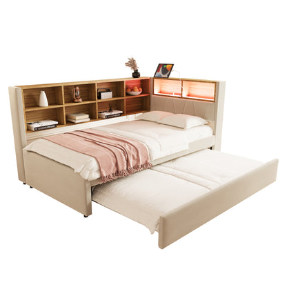 Sofa Bed 90x200, Pull-out Bed 90x190, Equipped with Multiple Storage Compartments, Upholstered Bed, Multi-functional Sofa Bed, Single Bed, Flannel, Beige.