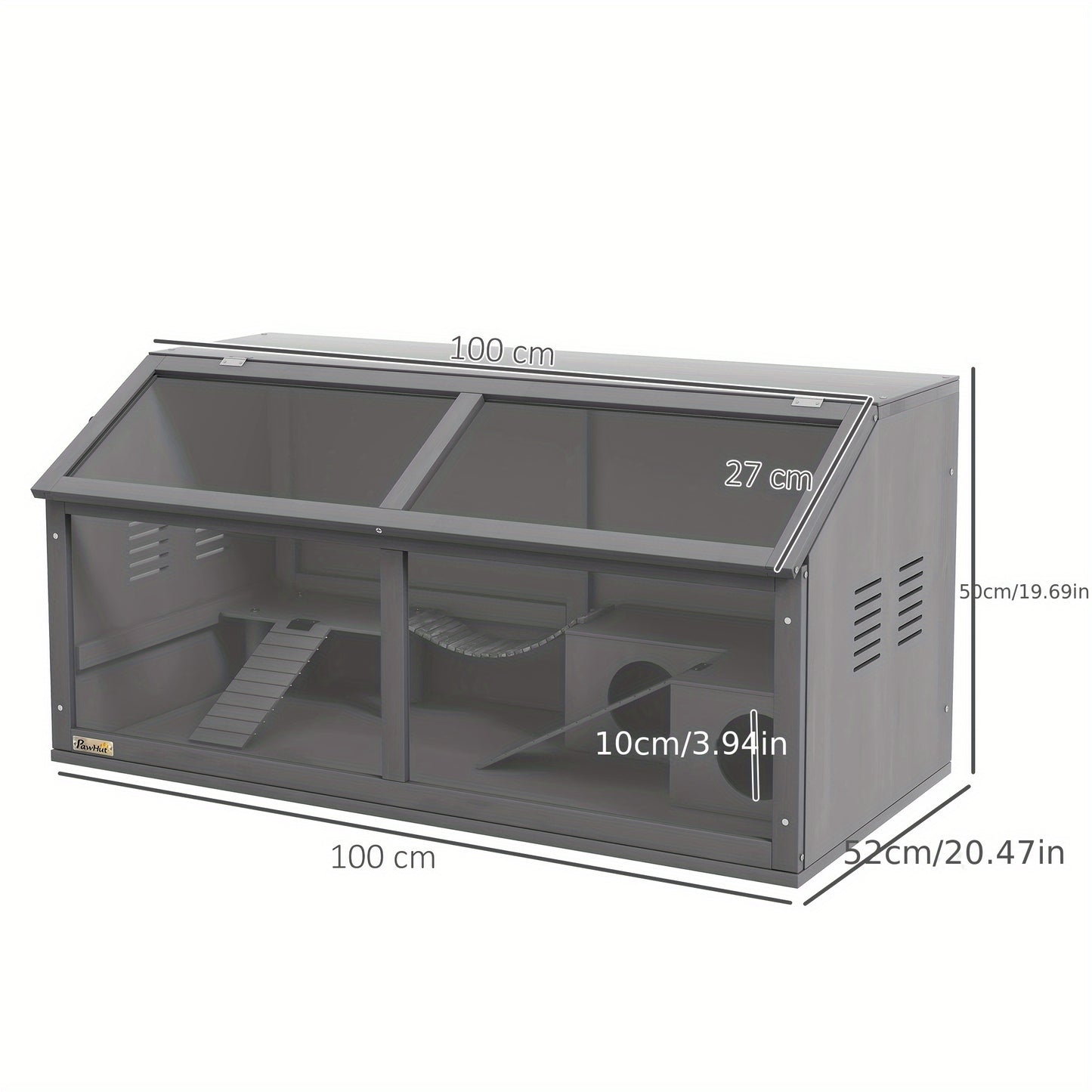 Hamsterkooi – Knaagdierenkooi – Muizenkooi – Gerbilkooi – Kleine Dierenkooi – 100cm Donkergrijs – Open Dak Met Tredebrug & Ladder – Duurzame Plastic Bodem Met Voeder- en Drinkdispenser