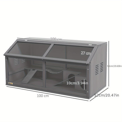 Hamsterkooi – Knaagdierenkooi – Muizenkooi – Gerbilkooi – Kleine Dierenkooi – 100cm Donkergrijs – Open Dak Met Tredebrug & Ladder – Duurzame Plastic Bodem Met Voeder- en Drinkdispenser