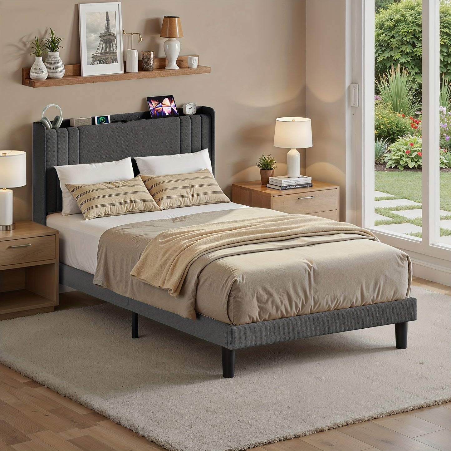 Tweepersoonsbed – Bedframe – Slaapbank – Opbergbed – Hoogslaper – 120x200 cm – Stijlvol Beige – Met Opbergruimte Hoofdbord – Stevig Hout-Metaal Frame
