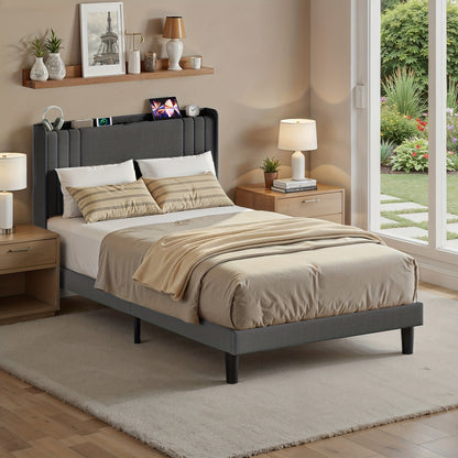 Tweepersoonsbed – Bedframe – Slaapbank – Opbergbed – Hoogslaper – 120x200 cm – Stijlvol Beige – Met Opbergruimte Hoofdbord – Stevig Hout-Metaal Frame