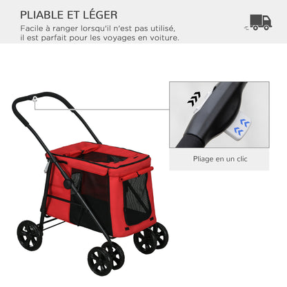 Huisdierwagen – Dierenbuggy – Hondenwagen – Kattenwagen – Wandelwagen – Opvouwbaar – 600D Oxford Stof – Stalen Frame – Kussen Inclusief – Rem Op Wielen – Rood