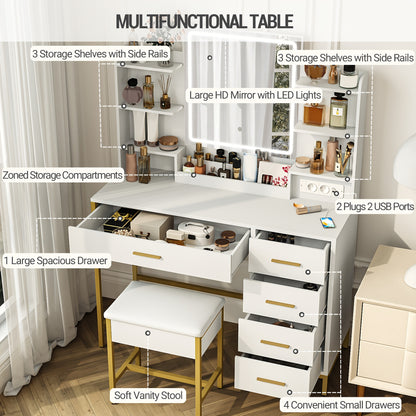 Make-uptafel – Kaptafel – Vanity – Sieradekast – Make-upmeubel – Wit Gouden – Verstelbare LED-verlichting – Groot HD-spiegeloppervlak