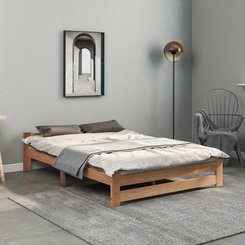 Massief Houten Bedframe – Futon Bed – Platformbed – Slaapbank – Boxspringframe – Met Hoofdbord – Met Lattenbodem – Naturel Afwerking – 200x140 cm Queen Size – Scandinavisch Minimalistisch Design