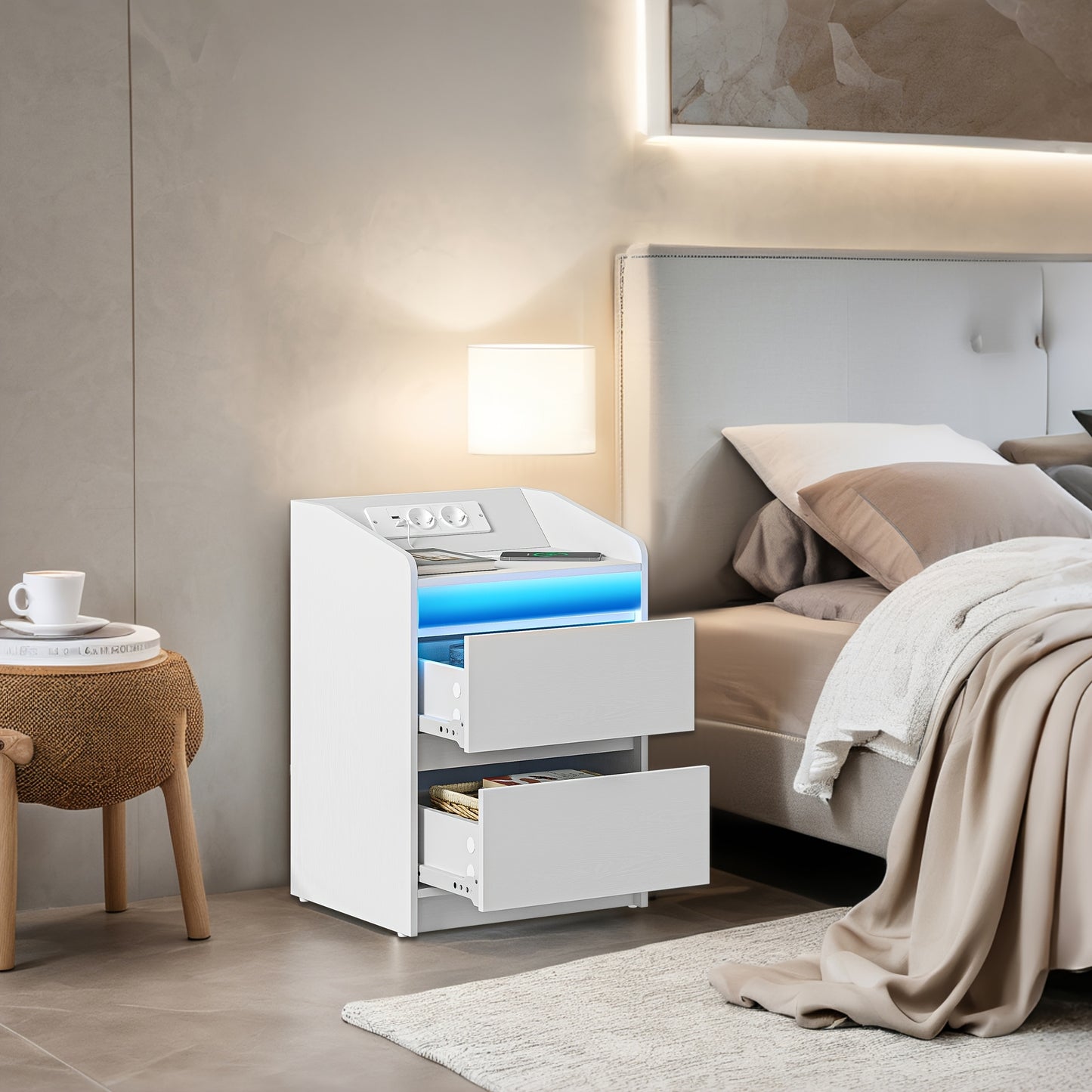 Nachtkastje – Bijzettafel – Opbergkastje – Ladekast – Witte Set Van 2 – 2 Laden Per Kastje – Ingebouwde USB Poorten En Stopcontacten