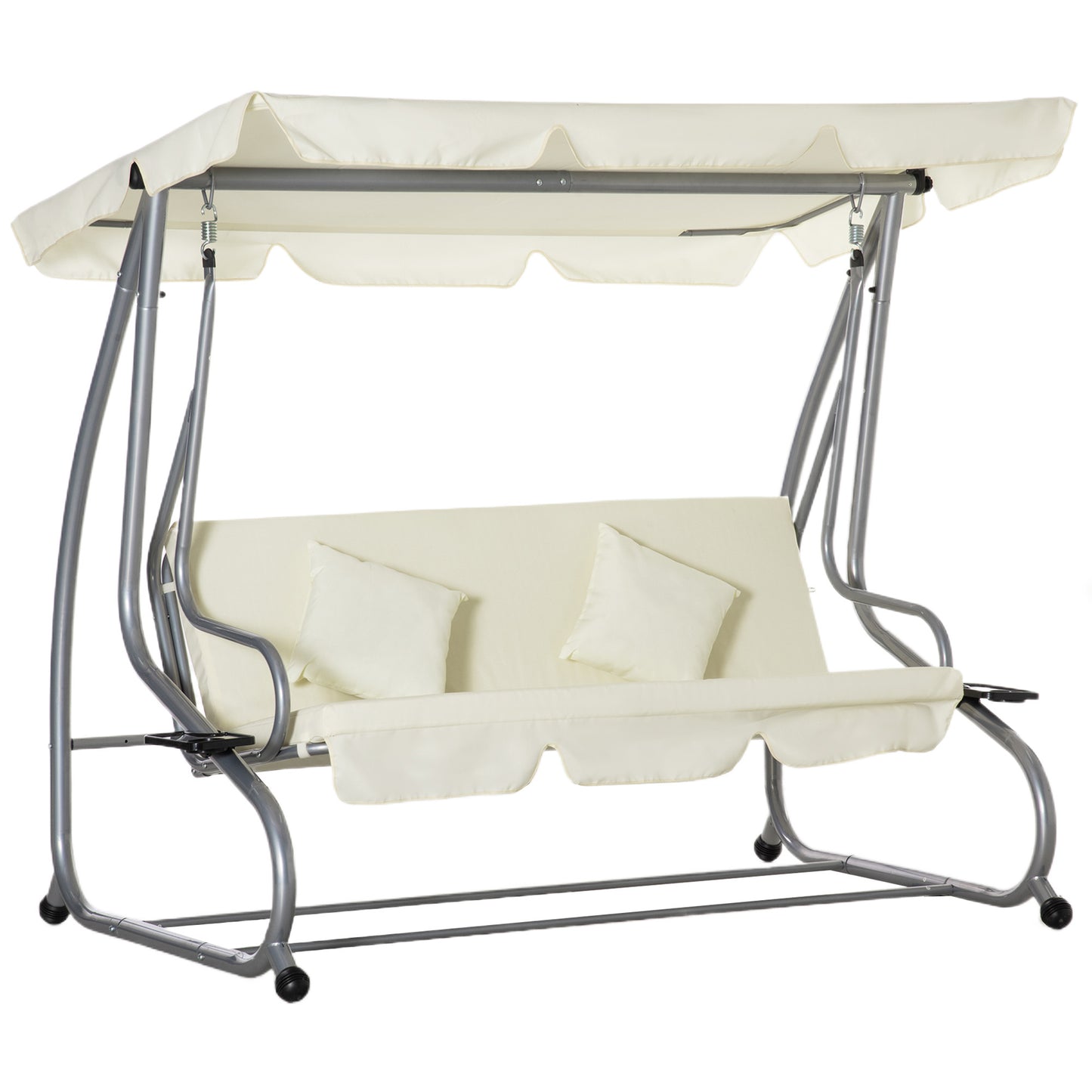 Tuinbank Schommelbank Balkonbank Buitenbank Tuinmeubel – 3-Zits – Gepoedercoat Staal – Verstelbaar Polyester Dak – Inclusief Zijtafels met Bekerhouders – 200x120x164 cm – Beige