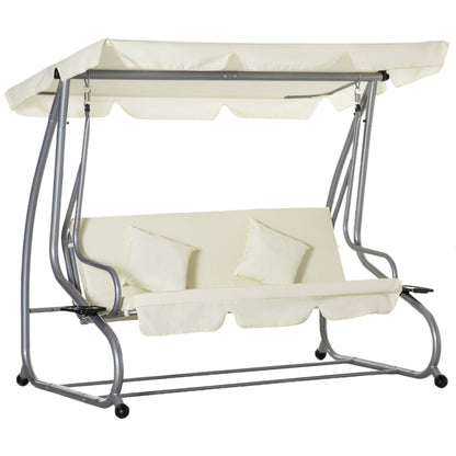 Tuinbank Schommelbank Balkonbank Buitenbank Tuinmeubel – 3-Zits – Gepoedercoat Staal – Verstelbaar Polyester Dak – Inclusief Zijtafels met Bekerhouders – 200x120x164 cm – Beige