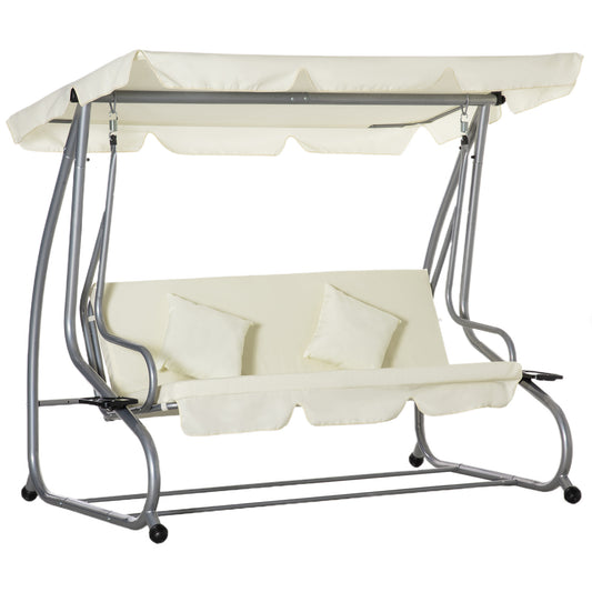 Tuinbank Schommelbank Balkonbank Buitenbank Tuinmeubel – 3-Zits – Gepoedercoat Staal – Verstelbaar Polyester Dak – Inclusief Zijtafels met Bekerhouders – 200x120x164 cm – Beige