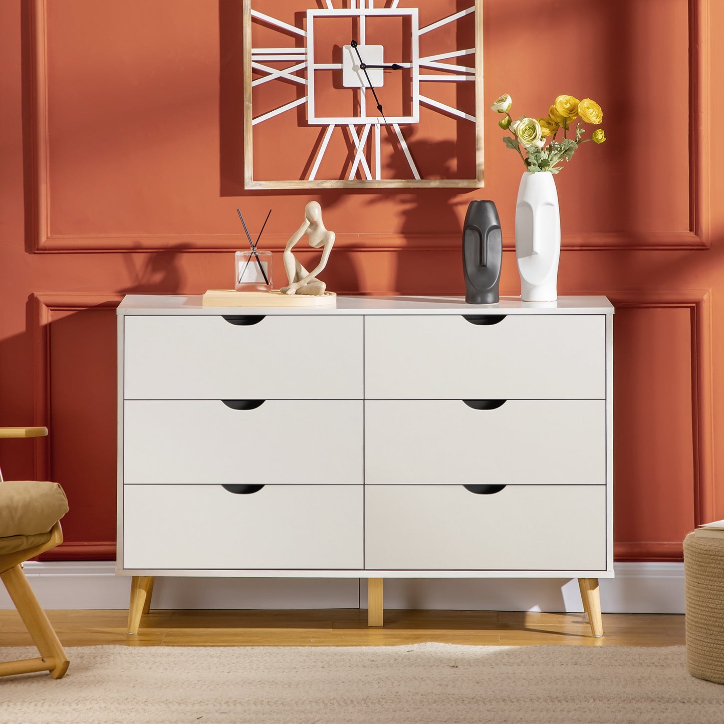 Commode – Ladekast – Opbergkast – Dressoir – Kast – 6 Lades – Scandinavisch Design – Wit Met Houten Poten – 120x40x76 cm – Stevig & Ruim