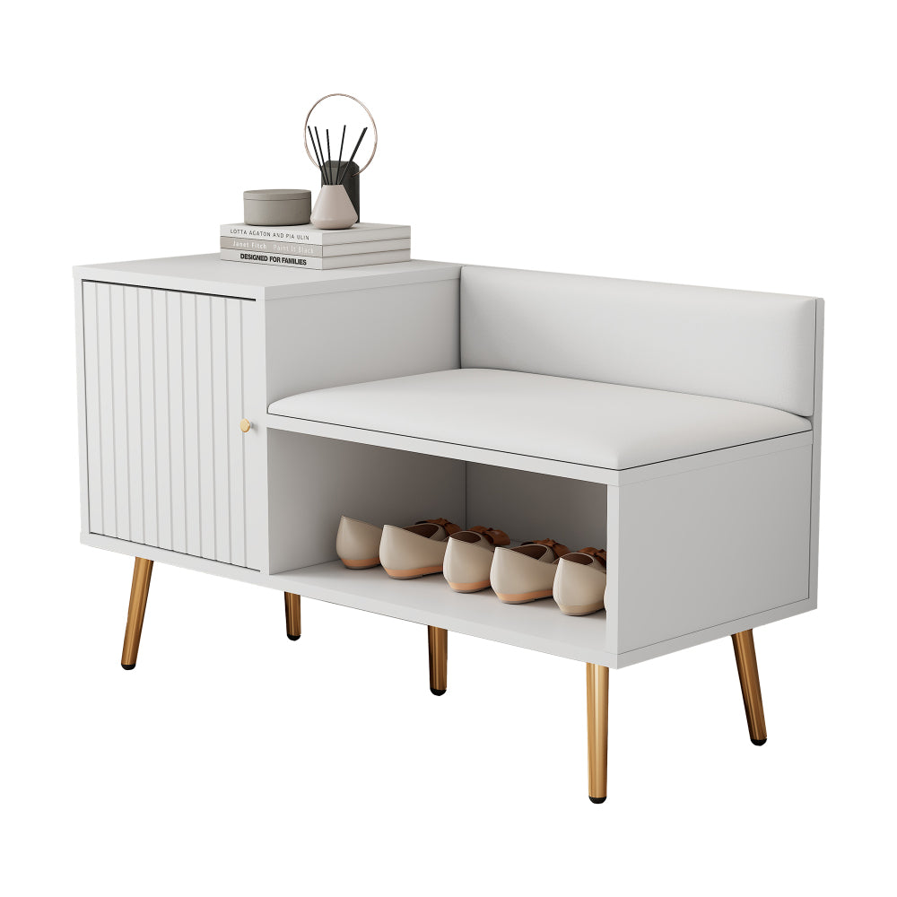 Schoenenbank – Schoenenkast – Schoenenrek – Halbank – Opbergmeubel – Wit Met Gouden Accenten – Comfortabel Gestoffeerd Zitvlak – Stevig Metalen Onderstel