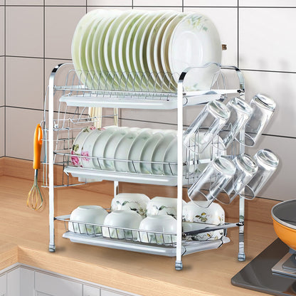 Afdroogrek Keuken – Vaatdroogrek – Dubbellaags Rek – Droogrek Metalen – Bestekhouder – Zilveren Heavy-Duty Rek – 42x25x49 cm – Draaggewicht 40 kg – Ruimtebesparend Design