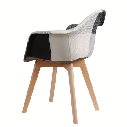 Set van 2 EGOONM Eetkamerstoelen – Klassiek Vintage Design, Grijs-Witte Ruitstof, Beukenhouten Poten met Armleuningen – Duurzaam en Elegant