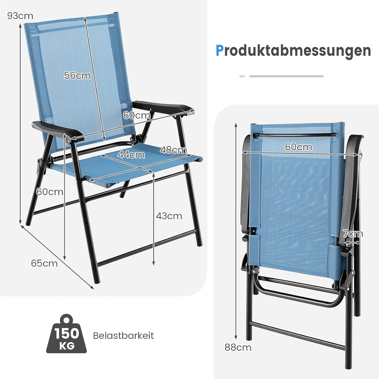 Tuinstoel – Klapstoel – Balkonstoel – Terrasstoel – Tuinstoelen Set – Weerbestendig – Inklapbaar Met Armleuningen – Metalen Frame – Blauw – Lichtgewicht
