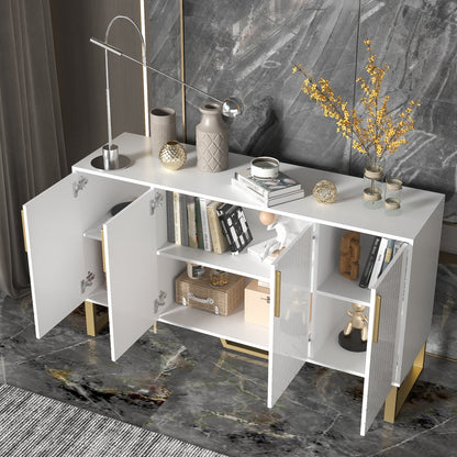 Modern White Geometric Storage Cabinet with 4 Doors - Freestanding Organizer, Easy Assembly, Spacious Interior for Living Room, Dining Room, Entryway - Sturdy Metal Construction, Space-Saving Design (140x40x80cm/55x16x31.5in)