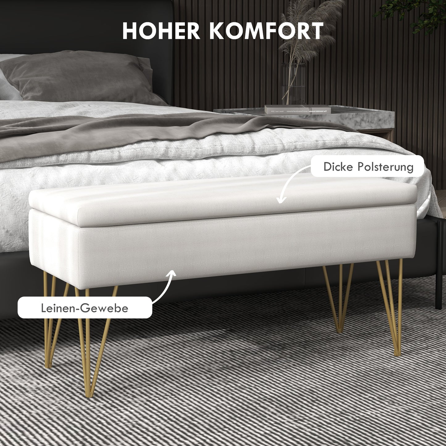 Bankje – Zitbank – Opbergbank – Halbankje – Gestoffeerd – Linnenlook Stof – Met Opbergruimte – Stalen Poten – 100x40x49 cm – Comfortabele Zitting