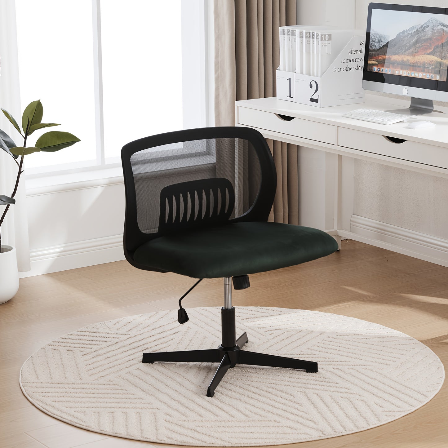 Armless Office Chair with Rocking Function & Height Adjustment - 360° Swivel, Ergonomic Cross-Legged Design, Lightweight Durable Plastic Frame, Manual Recline Handle - Spacious Reading/Living Room Chair for Home Office, 5 Co