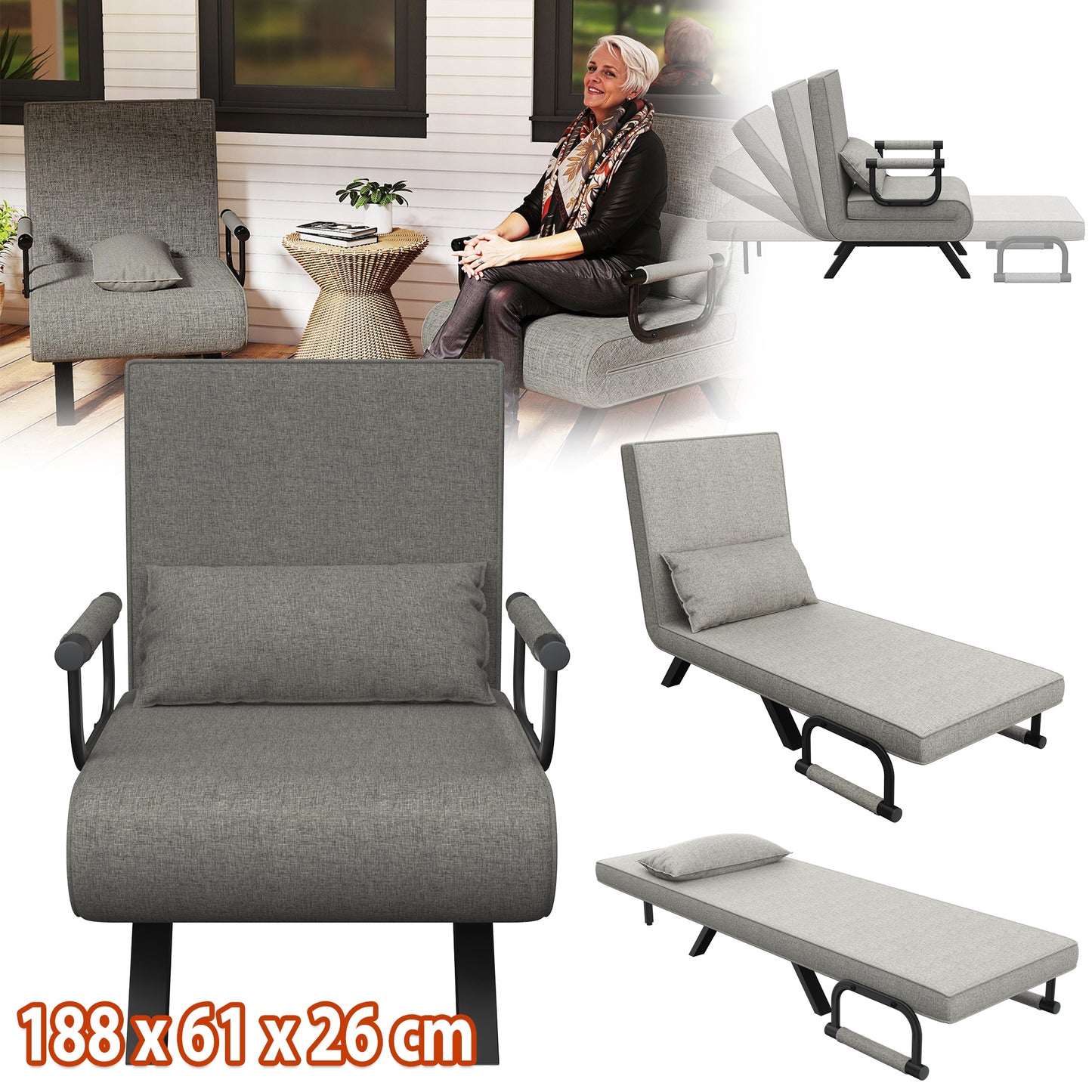 Slaapbank – Slaapfauteuil – Slaapstoel – Logeerbed – Zetelbed – 3-in-1 Multifunctioneel – Verstelbare Rugleuning – Stevig Gelakt Legeringsstaal Frame – Maximaal Draagvermogen 200 kg