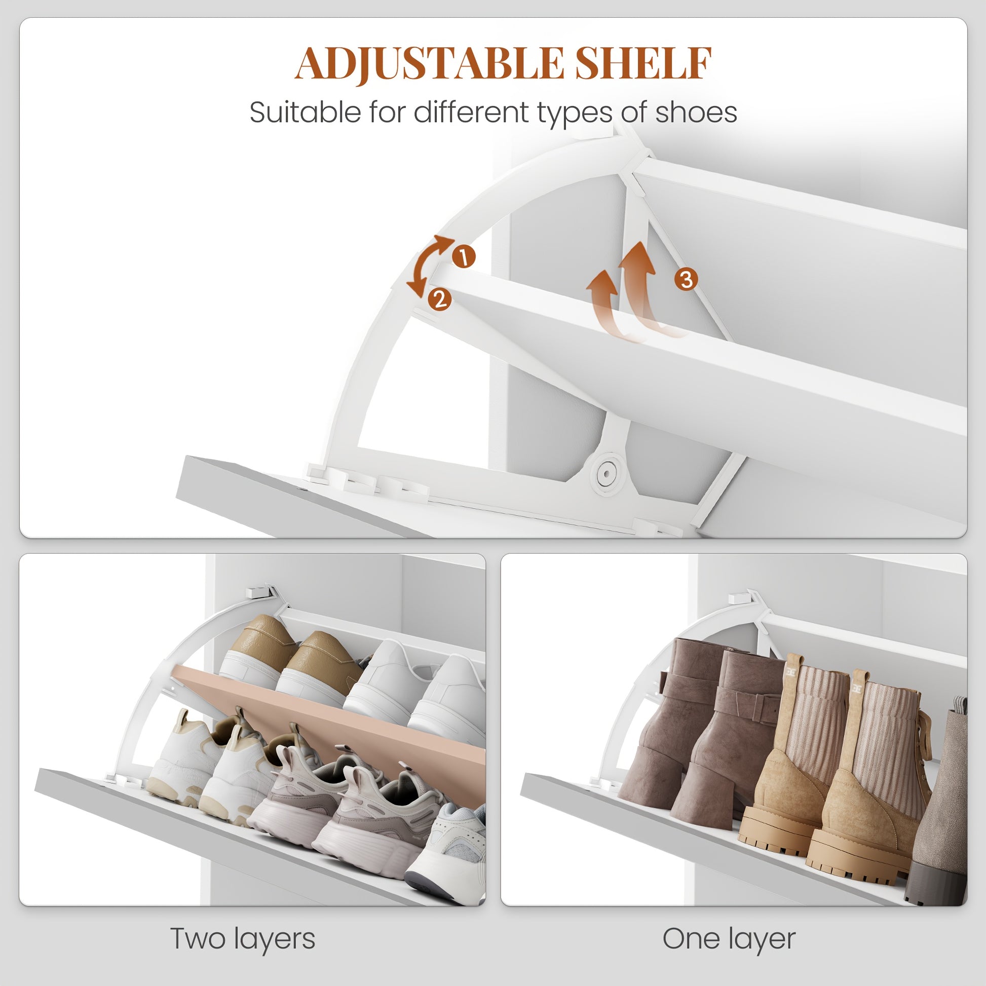 Shoe Cabinet with 3 Drop-down Doors, Shoe Storage Unit, Narrow Shoe Chest with 1 Drop-down Shelf, for 12-18 Pairs Of Shoes, Adjustable Shelves, for Hallways, Entryways, 60 X 24 X 145cm, White - QUORE